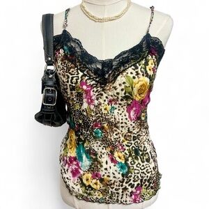 Y2K floral roses leopard cheetah print black lace sequins trim tank top 2000s